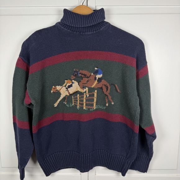 Ralph Lauren Sweaters - Vintage Polo Ralph Lauren Equestrian Intarsia-Knit Turtleneck Sweater Navy Small